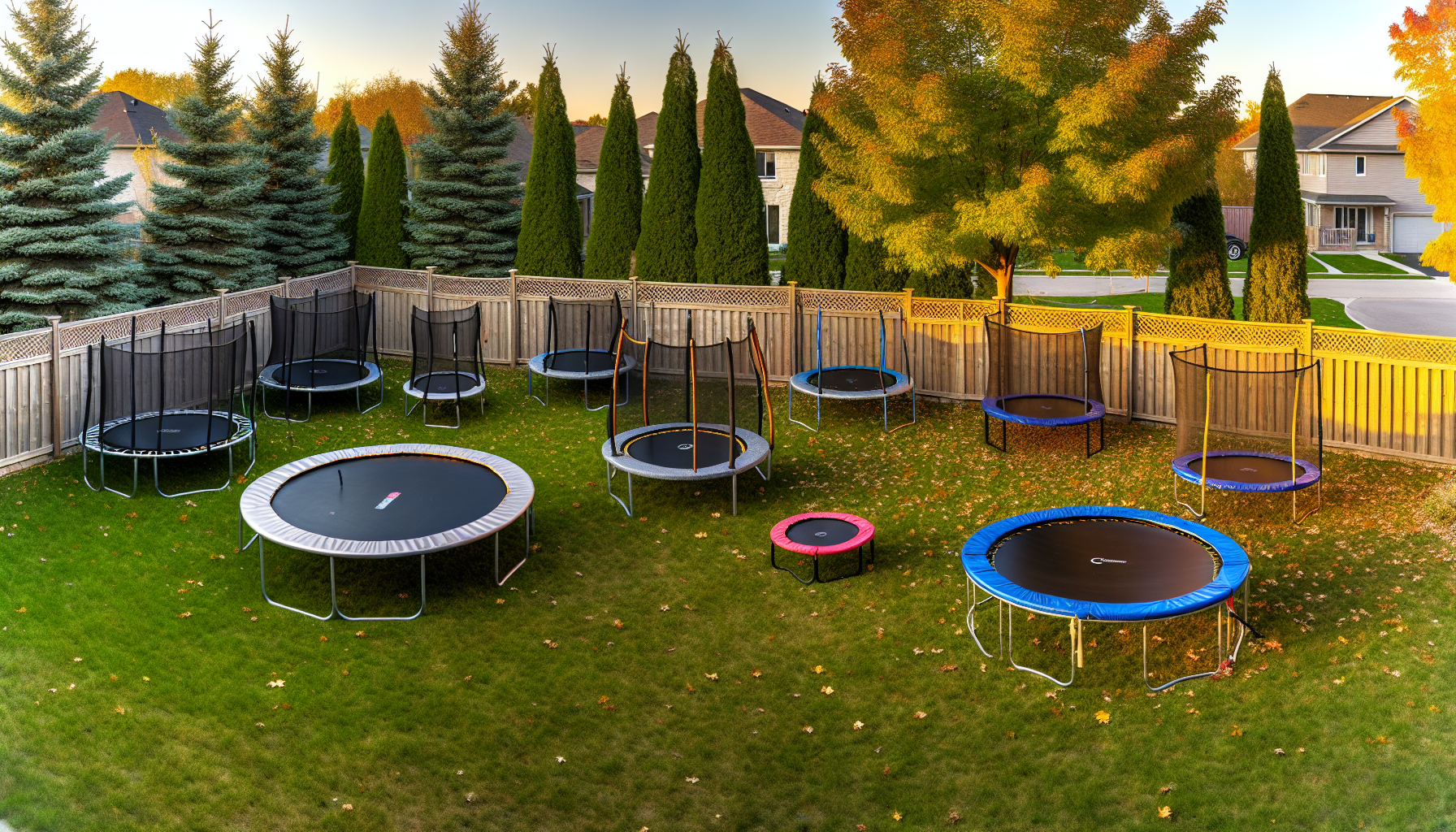 Various trampolines in a backyard setting
